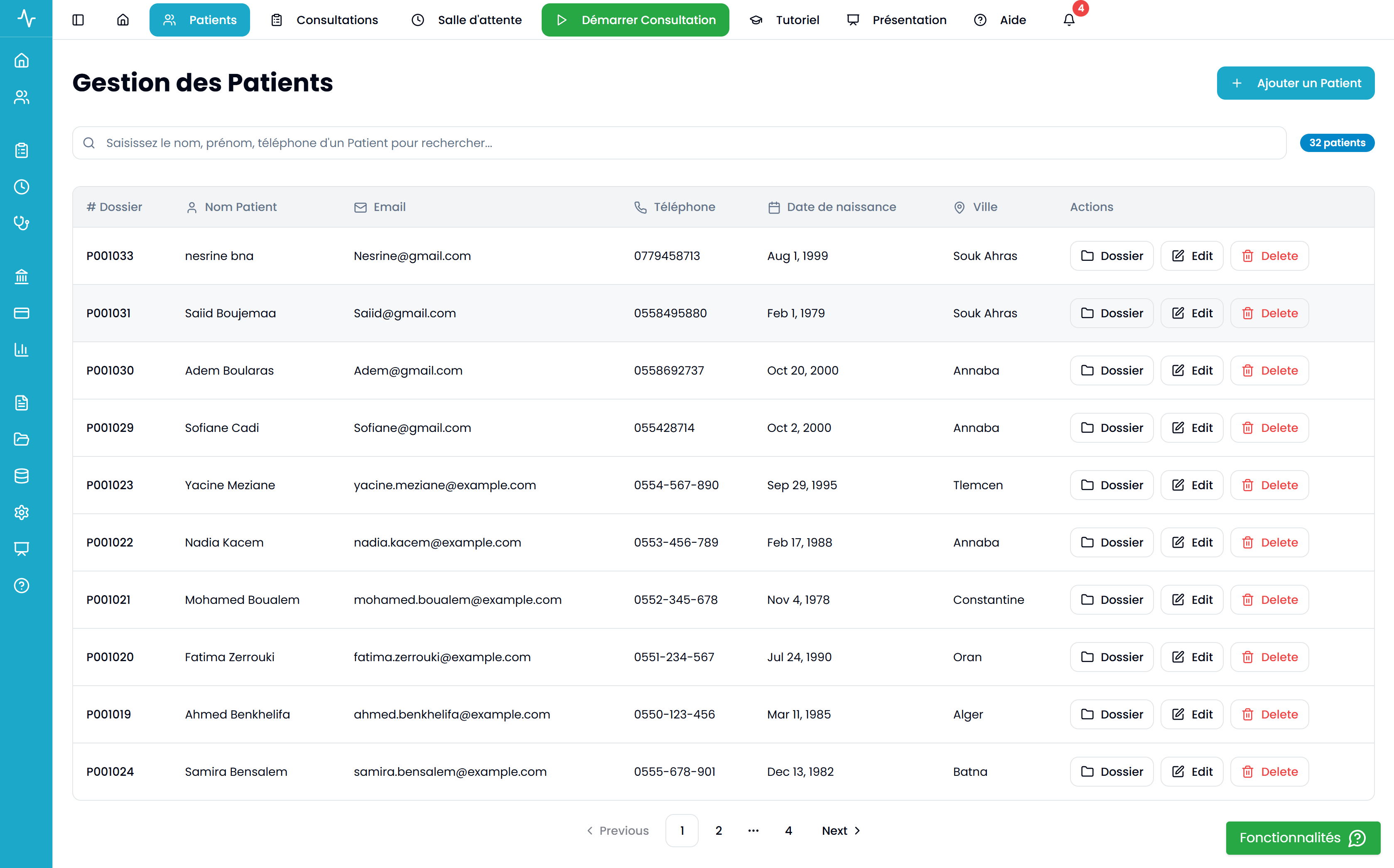 Interface de gestion des patients pour cabinets médicaux avec dossiers centralisés